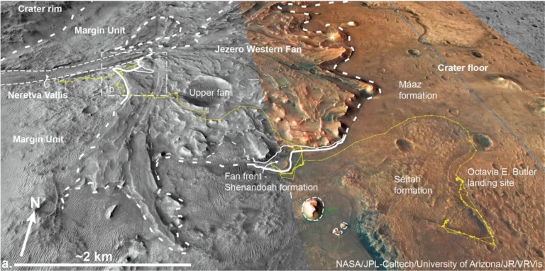 Diagram of the Jezero Crater, showing where the Perseverance rover has traversed to search for ancient biosignatures. Credit: NASA/JPL-Caltech/University of Arizona/JR/VRVis