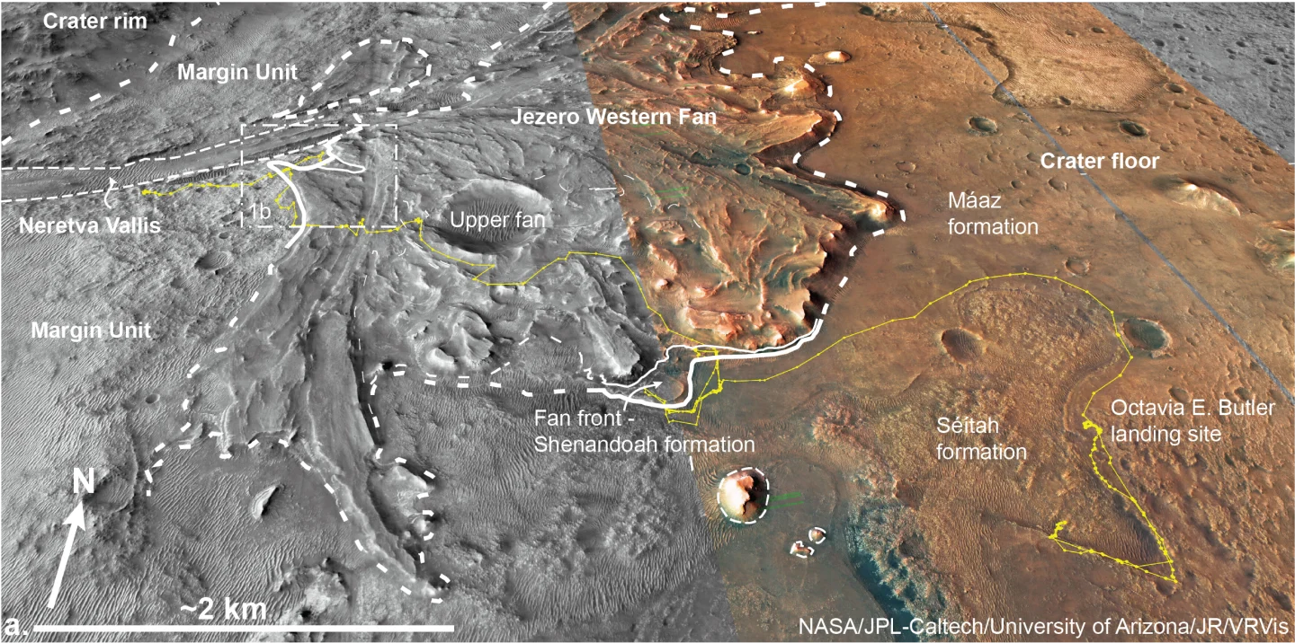 Diagram of the Jezero Crater, showing where the Perseverance rover has traversed to search for ancient biosignatures. Credit: NASA/JPL-Caltech/University of Arizona/JR/VRVis