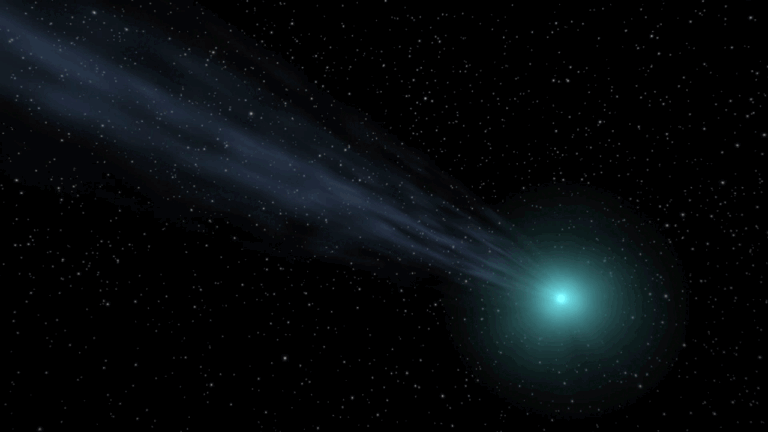 An animation showing a blue spot of light with a trail moving toward the left of the screen.