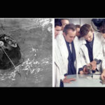 The Soviet Zond 5 rentry capsule in the ocean (left), Soviet scientists measure Zond 5 tortoises after their circumlunar flight in September 1968.