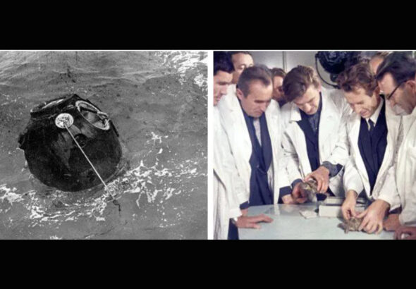 The Soviet Zond 5 rentry capsule in the ocean (left), Soviet scientists measure Zond 5 tortoises after their circumlunar flight in September 1968.