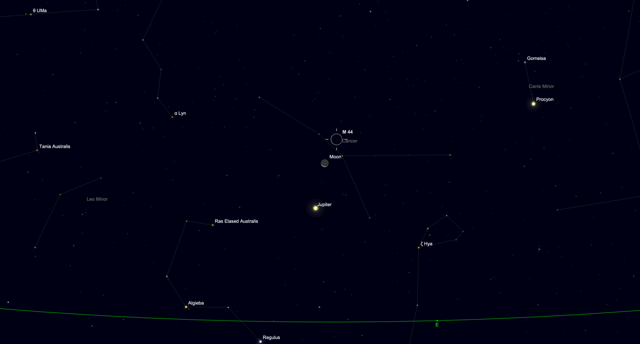 night sky graphic showing jupiter shining close to the moon.