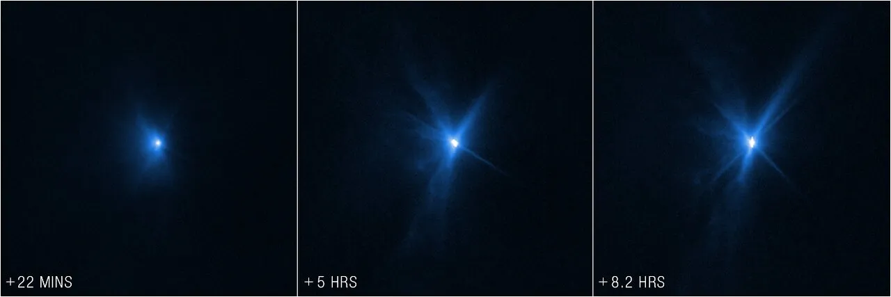 A side-by-side sequence of three square panels shows a glowing blue point of light expanding against a black background over time. In the first panel labeled "+ 22 MINS," a small, bright white core is enveloped by a soft blue haze. In the middle and right panels, labeled "+ 5 HRS" and "+ 8.2 HRS," the central bright spot intensifies while spiky blue rays and fan-like plumes spread further outward across space.