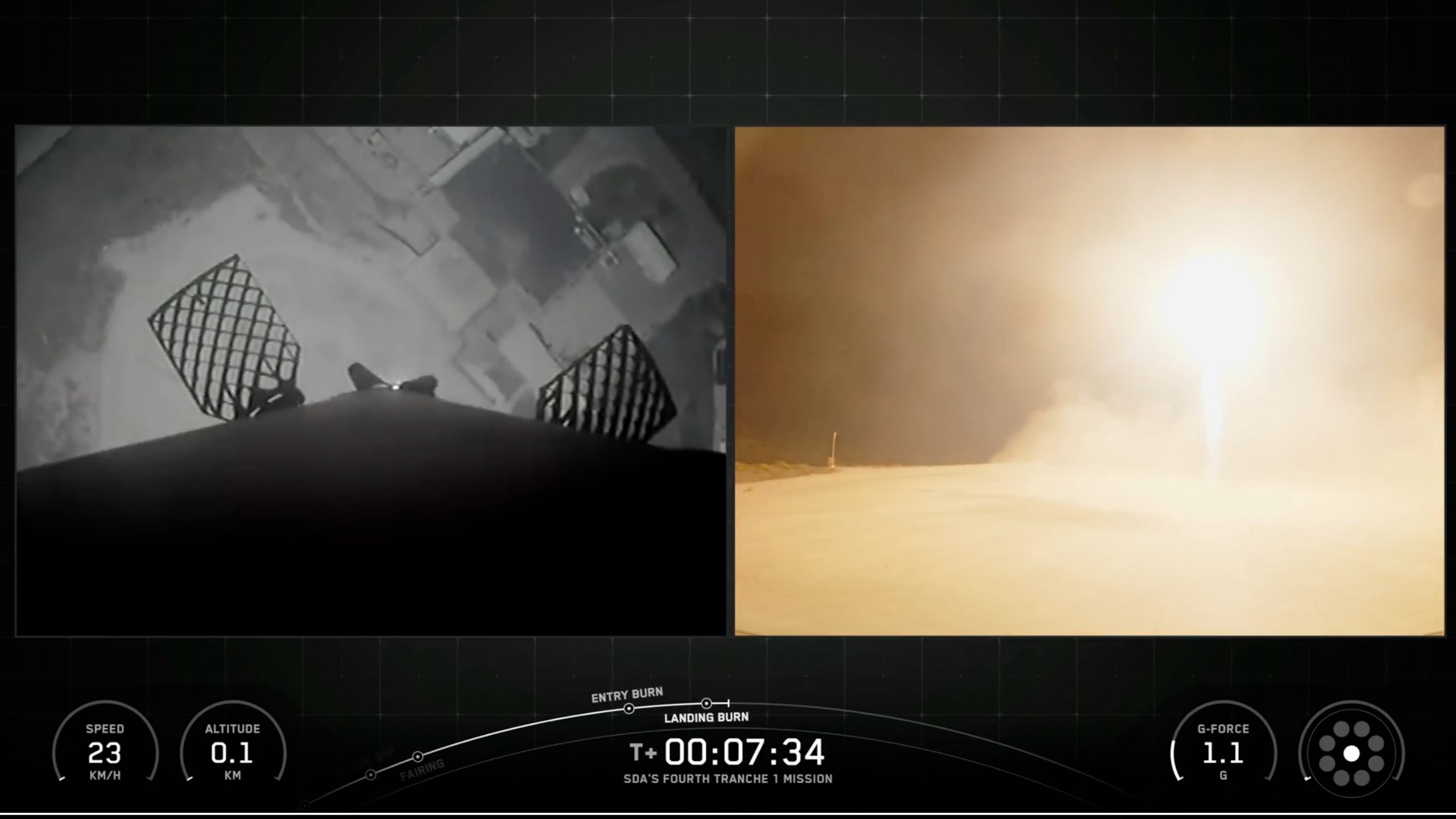 two views of a rocket landing at night &mdash; one from the rocket itself and the other from off to the side