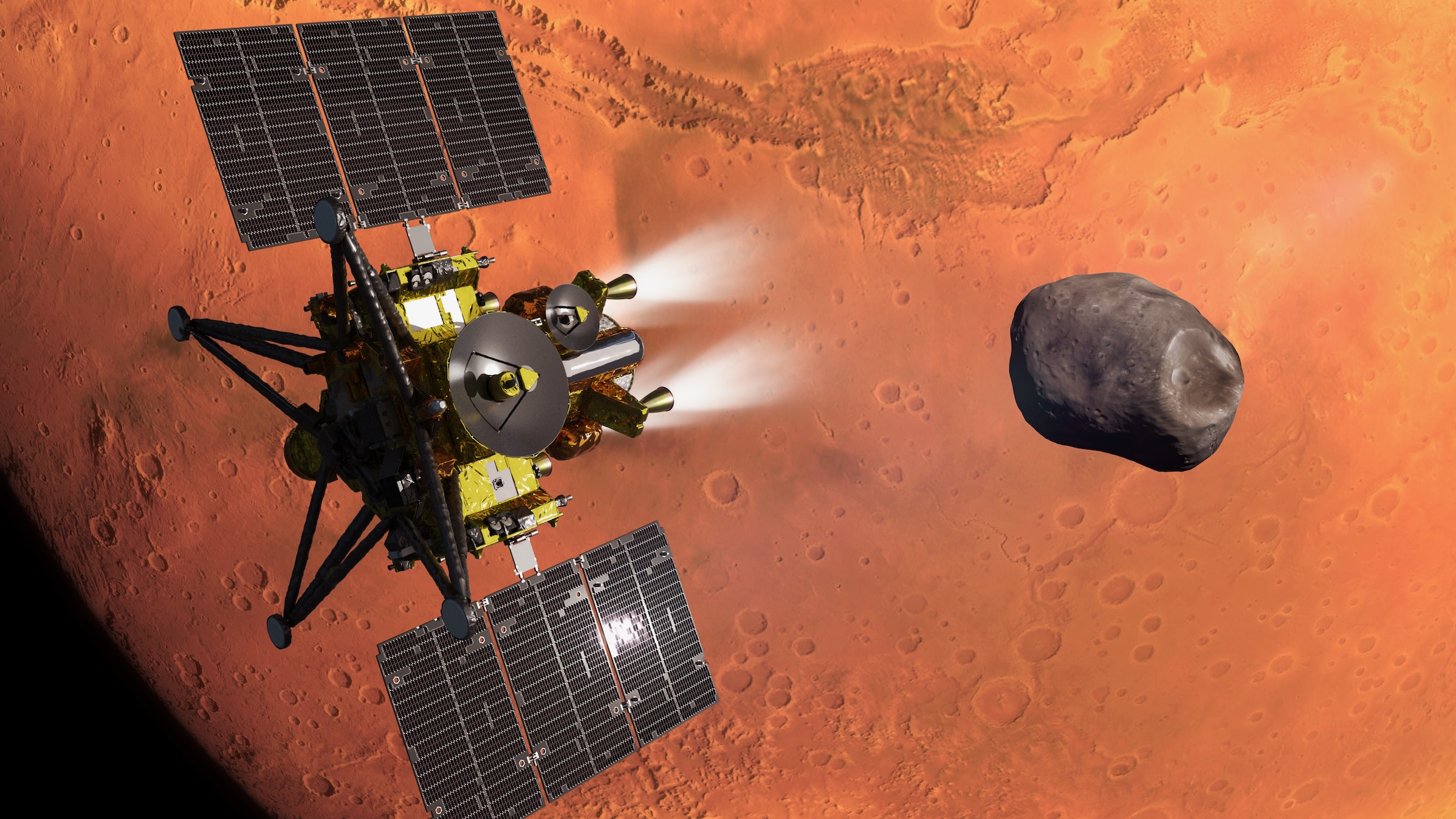 An artist&rsquo;s concept of JAXA&rsquo;s MMX spacecraft during its Mars&rsquo; orbit insertion. The Martian moon Phobos, which MMX will explore and sample, is in the background.