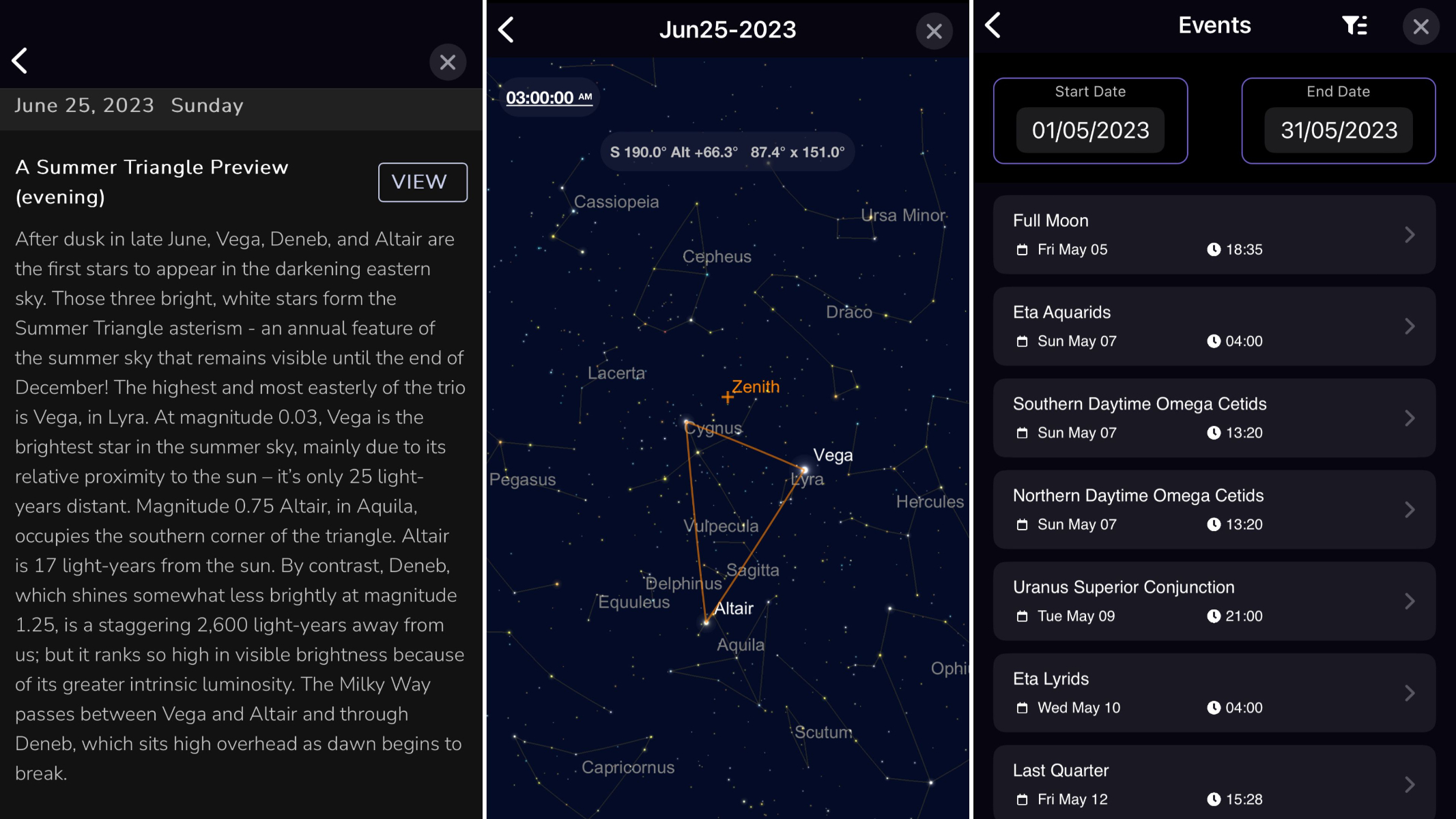 Calendar view with an example of the Summer Triangle asterism set against the night sky.
