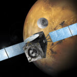 Artist's illustration of Europe's ExoMarsTrace Gas Orbiter releasing the Schiaparelli landing demonstrator near Mars.