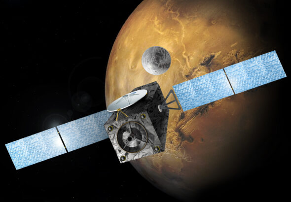 Artist's illustration of Europe's ExoMarsTrace Gas Orbiter releasing the Schiaparelli landing demonstrator near Mars.