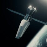 a sleek pointy spacecraft with solar panels above Earth.