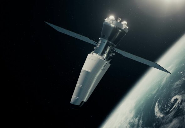 a sleek pointy spacecraft with solar panels above Earth.