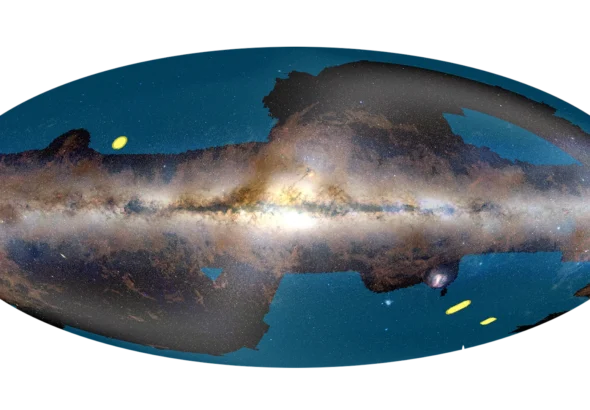 This figure shows Euclid's wide and deep fields. The wide field is in blue, while the deep fields are in yellow. Euclid found C/2026 S1 (Euclid) in its Deep Field North, the yellow region near the image's top left. Euclid avoids observing along the plane of the Milky Way due to the presence of so much problematic dust. Image Credit: ESA/Euclid/Euclid Consortium/NASA/Planck Collaboration/A. Mellinger – Acknowledgment: Jean-Charles Cuillandre, João Dinis and Euclid Consortium Survey Group. Licence: CC BY-SA 3.0 IGO