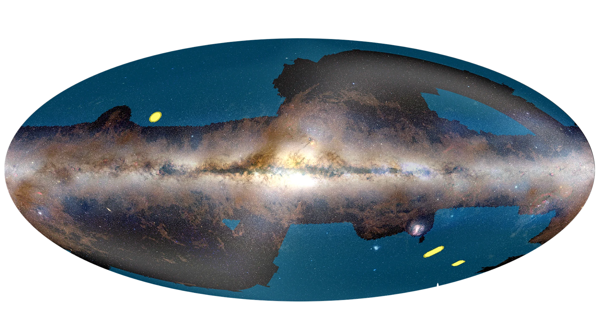 This figure shows Euclid's wide and deep fields. The wide field is in blue, while the deep fields are in yellow. Euclid found C/2026 S1 (Euclid) in its Deep Field North, the yellow region near the image's top left. Euclid avoids observing along the plane of the Milky Way due to the presence of so much problematic dust. Image Credit: ESA/Euclid/Euclid Consortium/NASA/Planck Collaboration/A. Mellinger – Acknowledgment: Jean-Charles Cuillandre, João Dinis and Euclid Consortium Survey Group. Licence: CC BY-SA 3.0 IGO