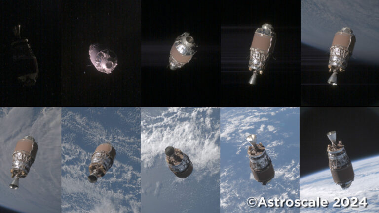collage of 10 photos taken by a satellite, showing a rocket body tumbling in earth orbit