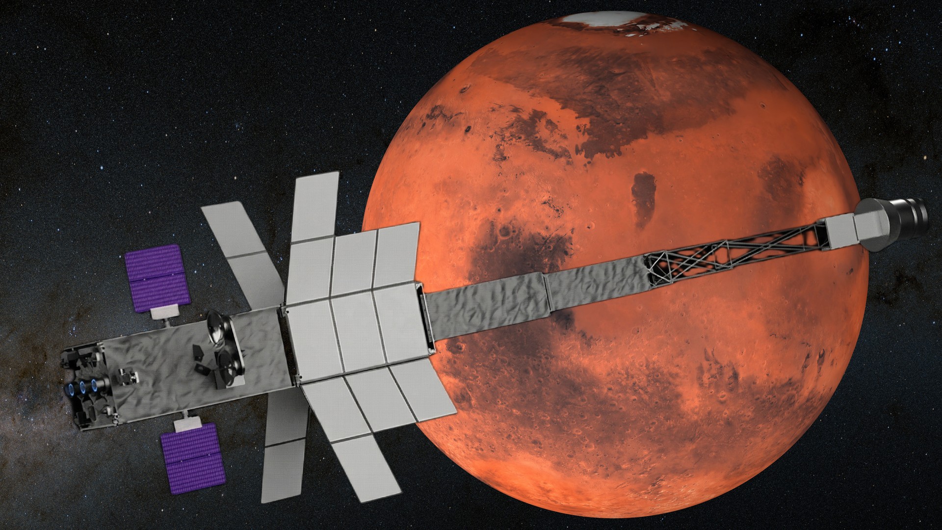 a long rectangular spaceship in front of reddish orange planet