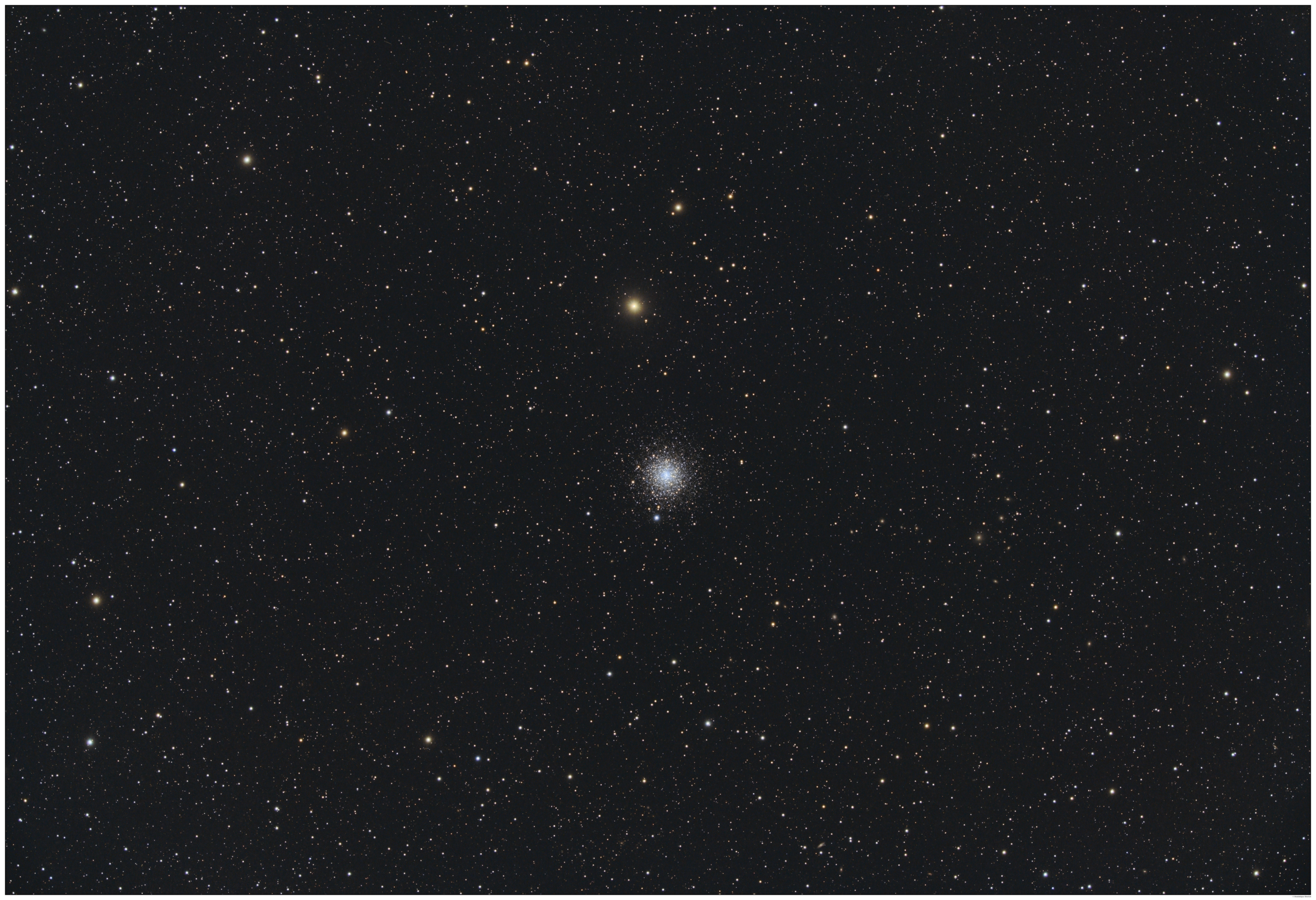 Grayscale astrophotograph of a dense globular star cluster at center, appearing as a bright concentrated ball of tightly packed stars that thins into a loose scattering of stars toward the edges, set against a sparse field of background stars.