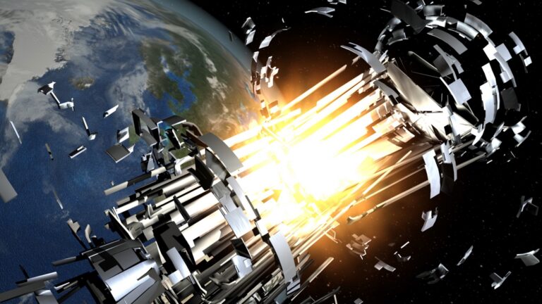 Artist's illustration of a satellite breaking apart in earth orbit