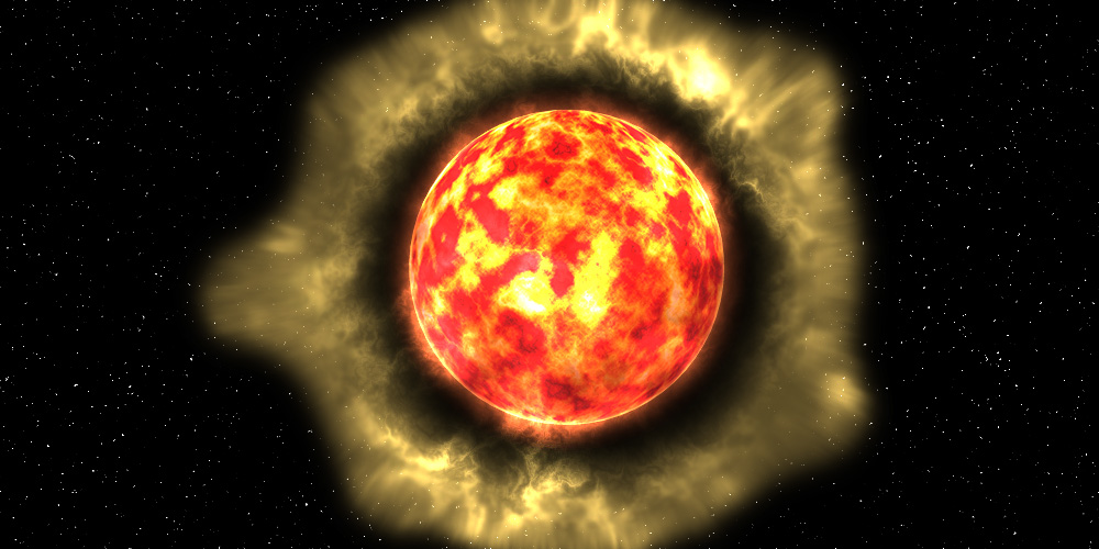 A red sphere surrounded by a halo of yellow smoke