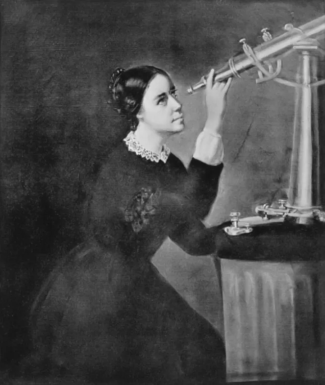 A black-and-white painted portrait shows a woman with her dark hair styled back in a bun, looking upward as she adjusts a metallic telescope mounted on a table. She wears a long, dark high-collared dress with a white lace collar and white cuffs on her sleeves. Light falls softly from the upper right, highlighting her face, hand, and the metallic sheen of the telescope against a dark, plain background.