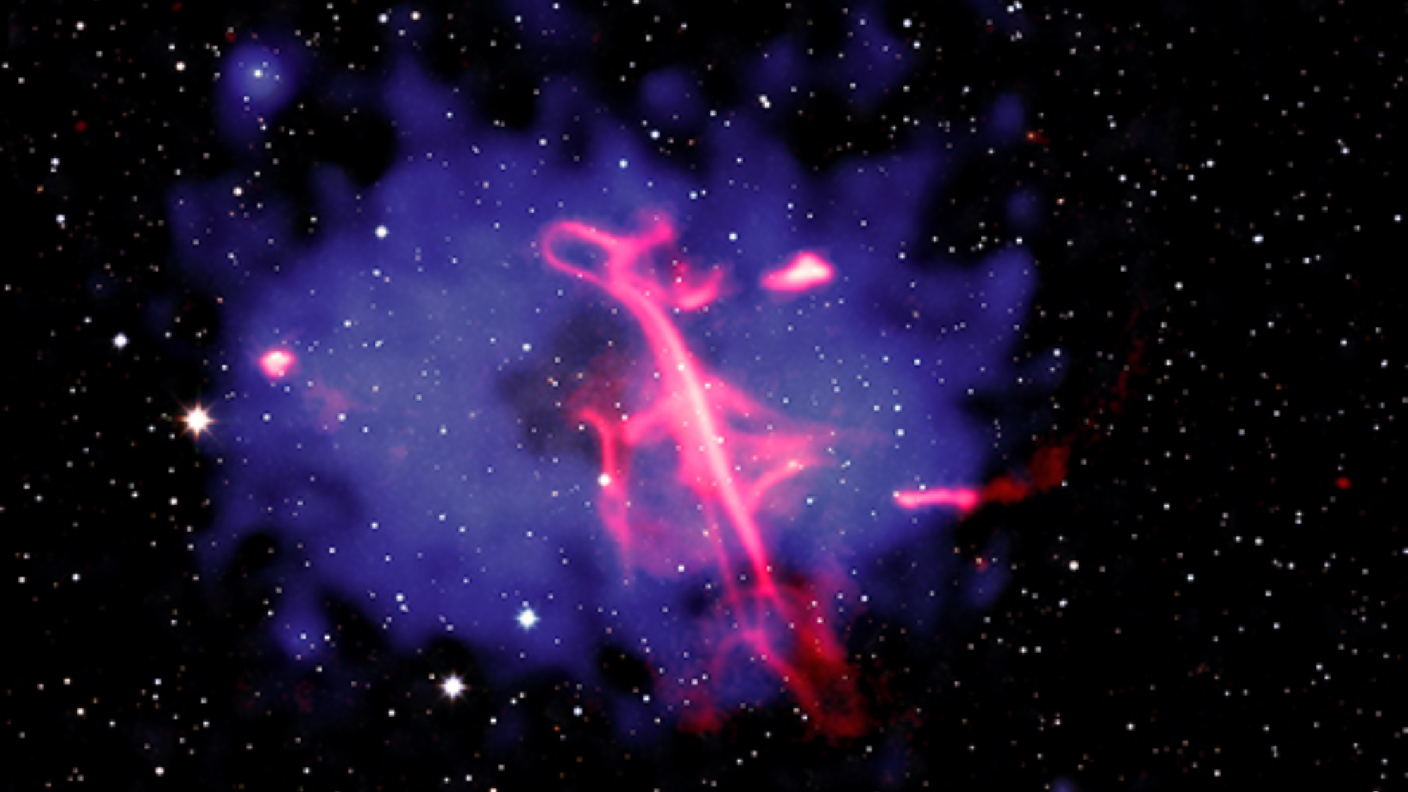 A blue gaseous galaxy background with a bright neon pink treble clef shape through the center.