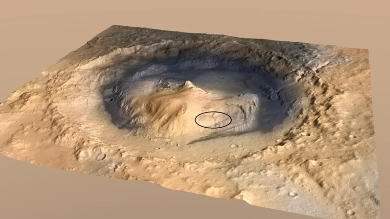 An overview of the Mount Sharp region on Mars, with the yardang region (circled). Credit: NASA/JPL-Caltech/ESA/DLR/FU Berlin/MSSS