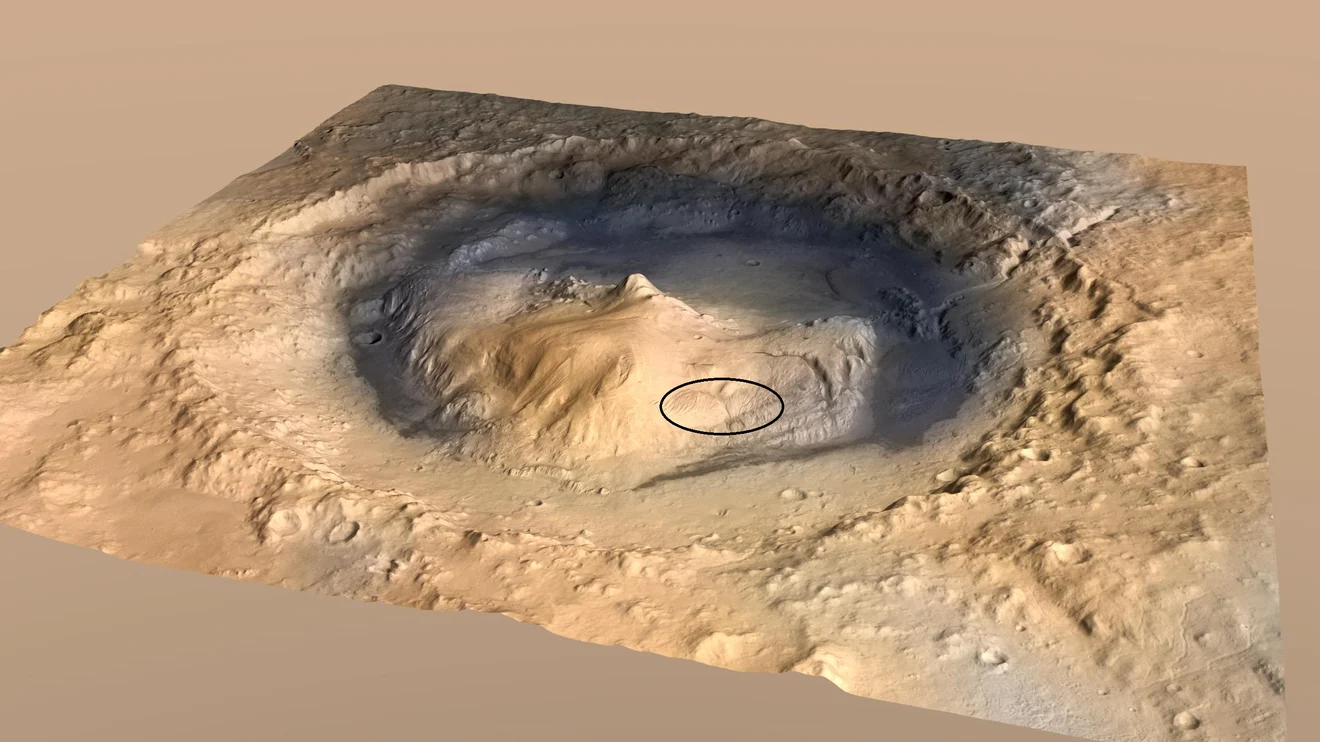An overview of the Mount Sharp region on Mars, with the yardang region (circled). Credit: NASA/JPL-Caltech/ESA/DLR/FU Berlin/MSSS