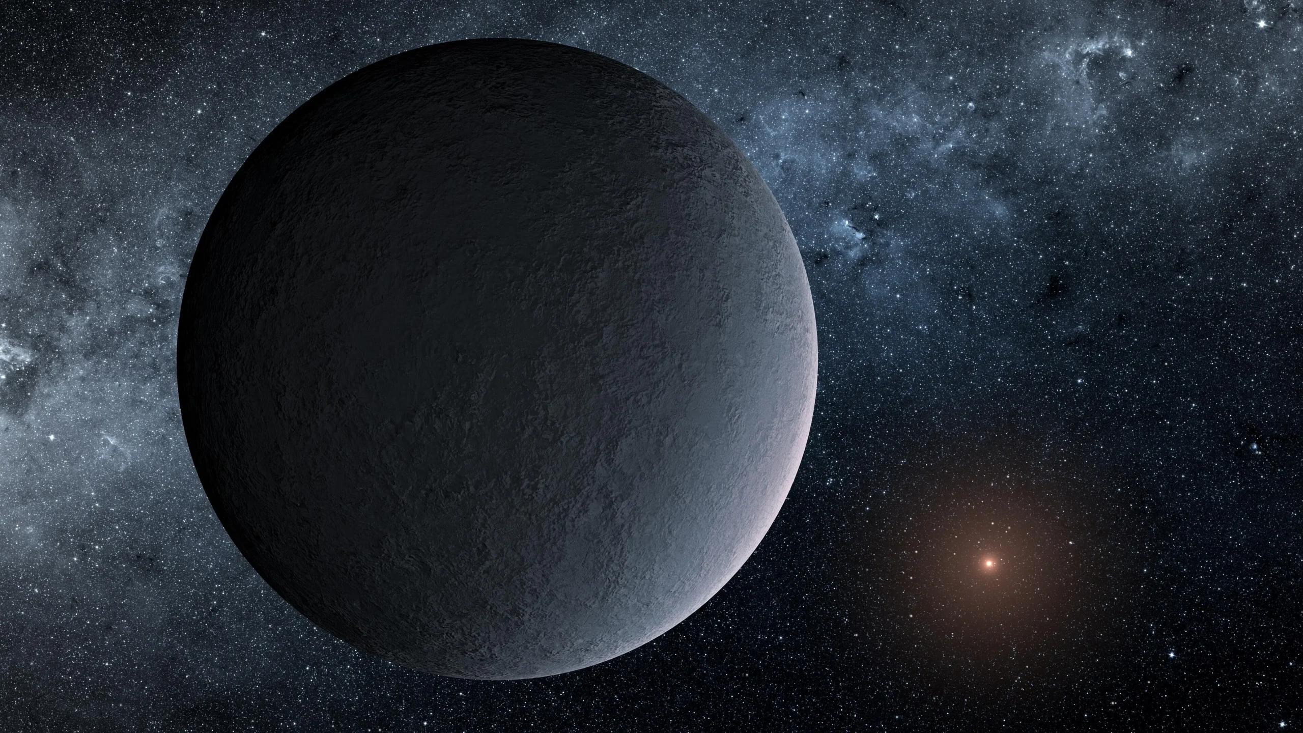Illustration depicting a dark, rocky planet filling most of the frame, its surface shadowed on the left and faintly lit along the right edge. A small reddish star glows at lower right, set against a starry background streaked with faint blue nebulosity.