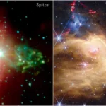Images of NGC 7129 taken by NASA's retired Spitzer Space Telescope and the NASA/ESA/CSA JWST. Webb's improved resolution shows more detailed gas and dust filaments, along with many background galaxies. Credit: NASA/ESA/CSA/STScI/NASA-JPL/Alyssa Pagan (STScI)