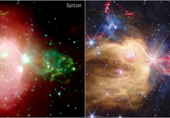 Images of NGC 7129 taken by NASA's retired Spitzer Space Telescope and the NASA/ESA/CSA JWST. Webb's improved resolution shows more detailed gas and dust filaments, along with many background galaxies. Credit: NASA/ESA/CSA/STScI/NASA-JPL/Alyssa Pagan (STScI)