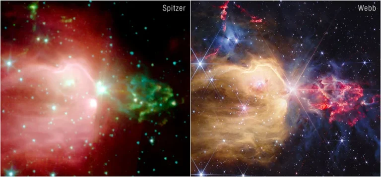 Images of NGC 7129 taken by NASA's retired Spitzer Space Telescope and the NASA/ESA/CSA JWST. Webb's improved resolution shows more detailed gas and dust filaments, along with many background galaxies. Credit: NASA/ESA/CSA/STScI/NASA-JPL/Alyssa Pagan (STScI)
