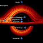 The anatomy of a black hole, emphasizing the accretion disk, event horizon, and other areas. Credit: NASA