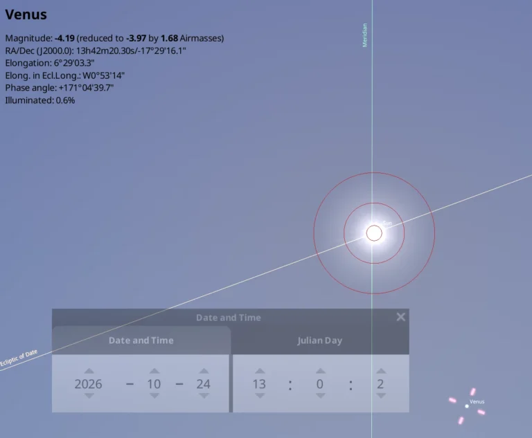 Venus versus the Sun on Saturday, October 24th at solar noon. Credit: Stellarium