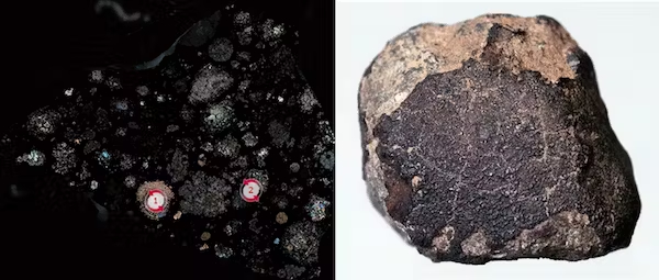 a split image. a dark background looks at microscopic pieces of mars rock. on the right, a mars rock.