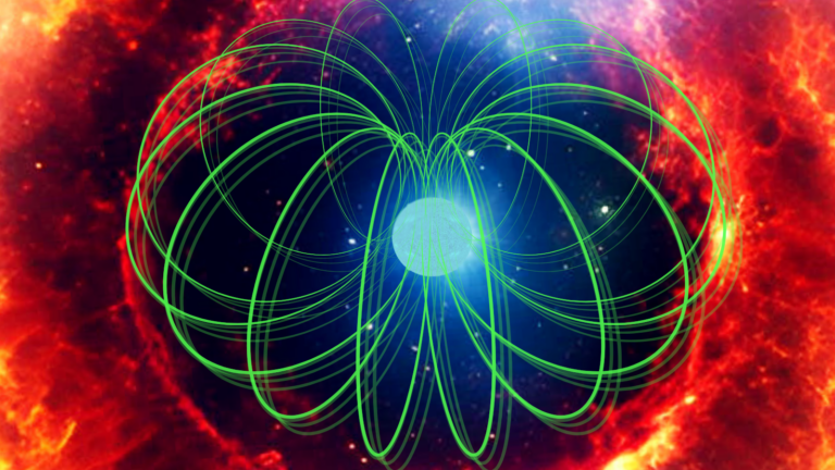 A blue sphere surrounded by green field lines and a ring of orange fire
