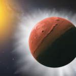 A rusty red shape surrounded by a spiky cloud of white smoke