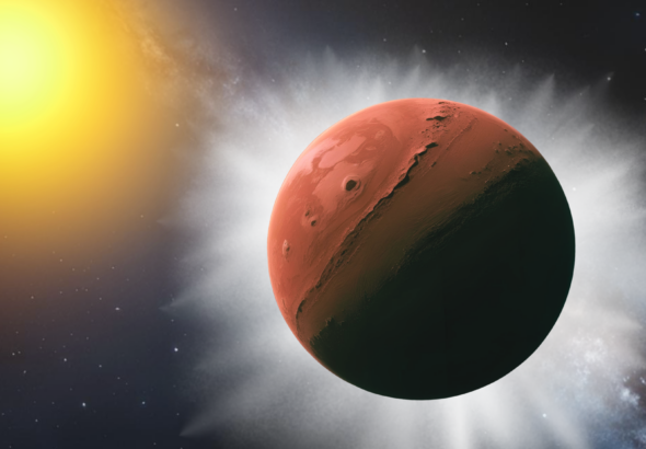 A rusty red shape surrounded by a spiky cloud of white smoke