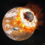 This artist's illustration shows a body about one-third the size of Mars slamming into the planet. The collision could've created a debris ring, out of which Phobos and Deimos formed. Image Credit: Paris Diderot / Labex UnivEarthS