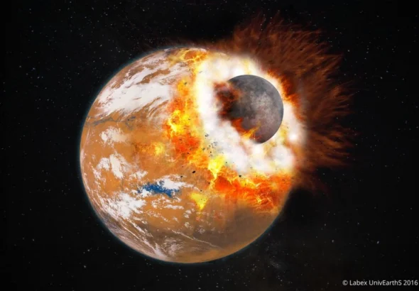 This artist's illustration shows a body about one-third the size of Mars slamming into the planet. The collision could've created a debris ring, out of which Phobos and Deimos formed. Image Credit: Paris Diderot / Labex UnivEarthS