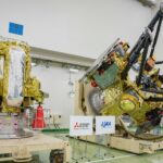 The Propulsion Module (left) and Exploration and Return Modules (right), which together make up Japan’s Martian Moons eXploration (MMX) spacecraft, are seen at the Tanegashima Space Center in Minamitane, Kagoshima prefecture on Aug. 13, 2026.