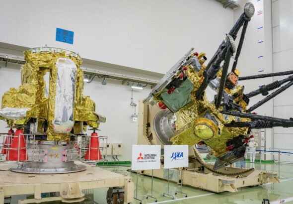 The Propulsion Module (left) and Exploration and Return Modules (right), which together make up Japan’s Martian Moons eXploration (MMX) spacecraft, are seen at the Tanegashima Space Center in Minamitane, Kagoshima prefecture on Aug. 13, 2026.