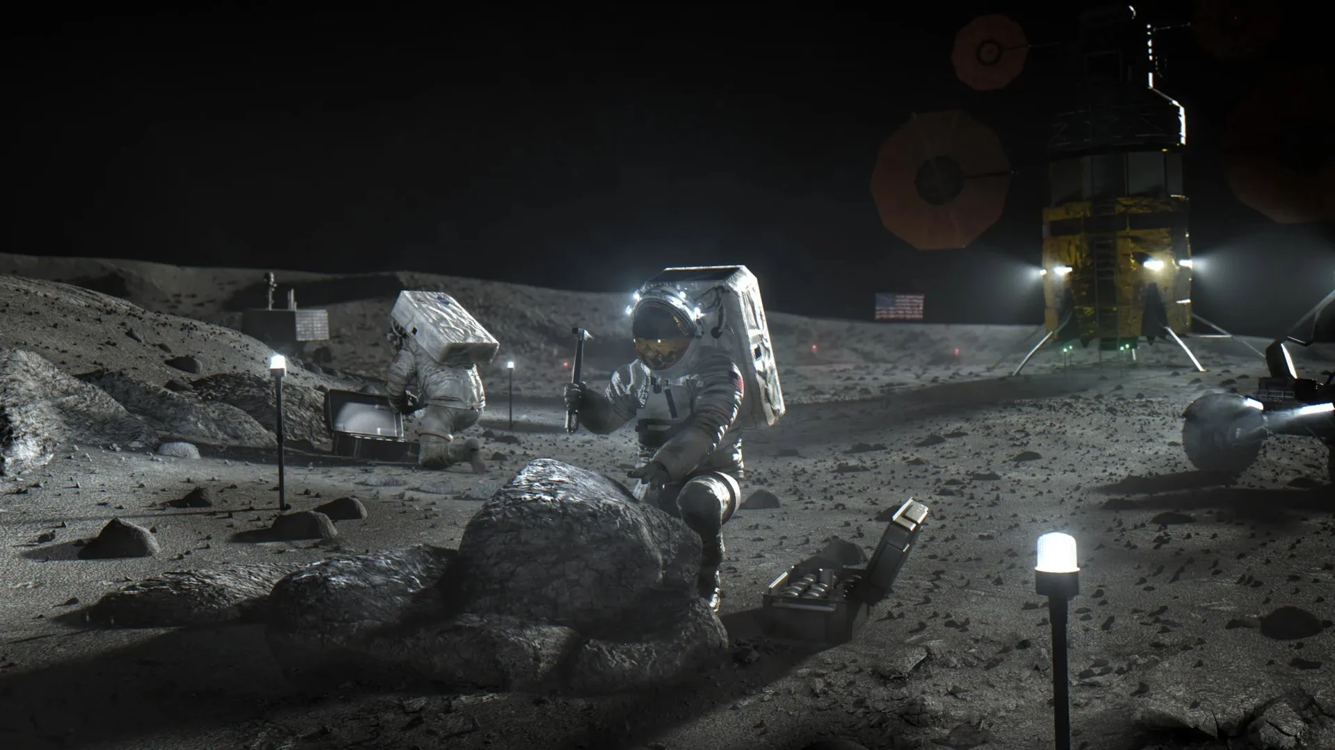 Artist's impression of Artemis astronauts performing extra-vehicular activity (EVA) on the lunar surface. Credit: NASA
