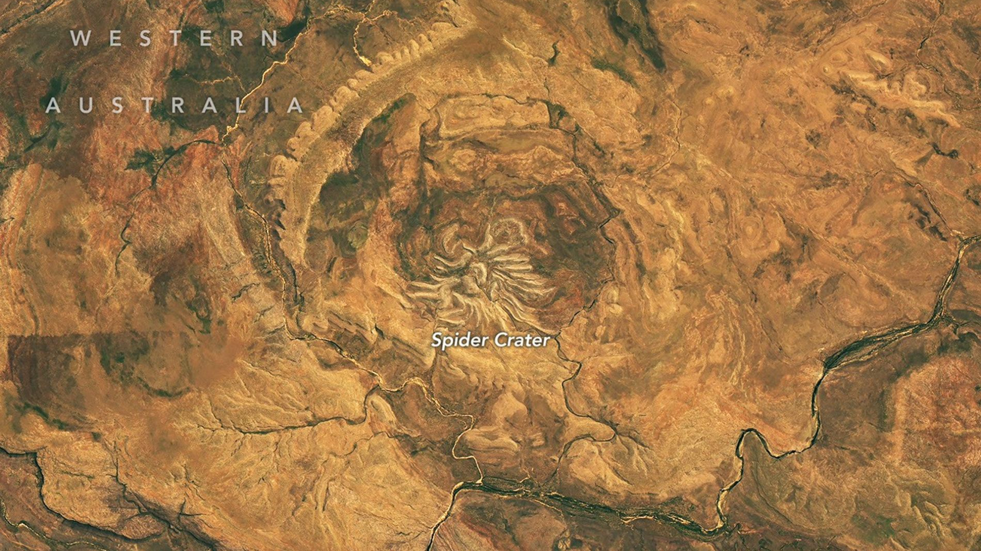 An image from space of spider crater on Earth.