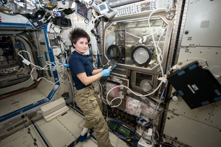 European Space Agency astronaut Samantha Cristoforetti works with the Microgravity Science Glovebox aboard the International Space Station in 2014. Credits: NASA