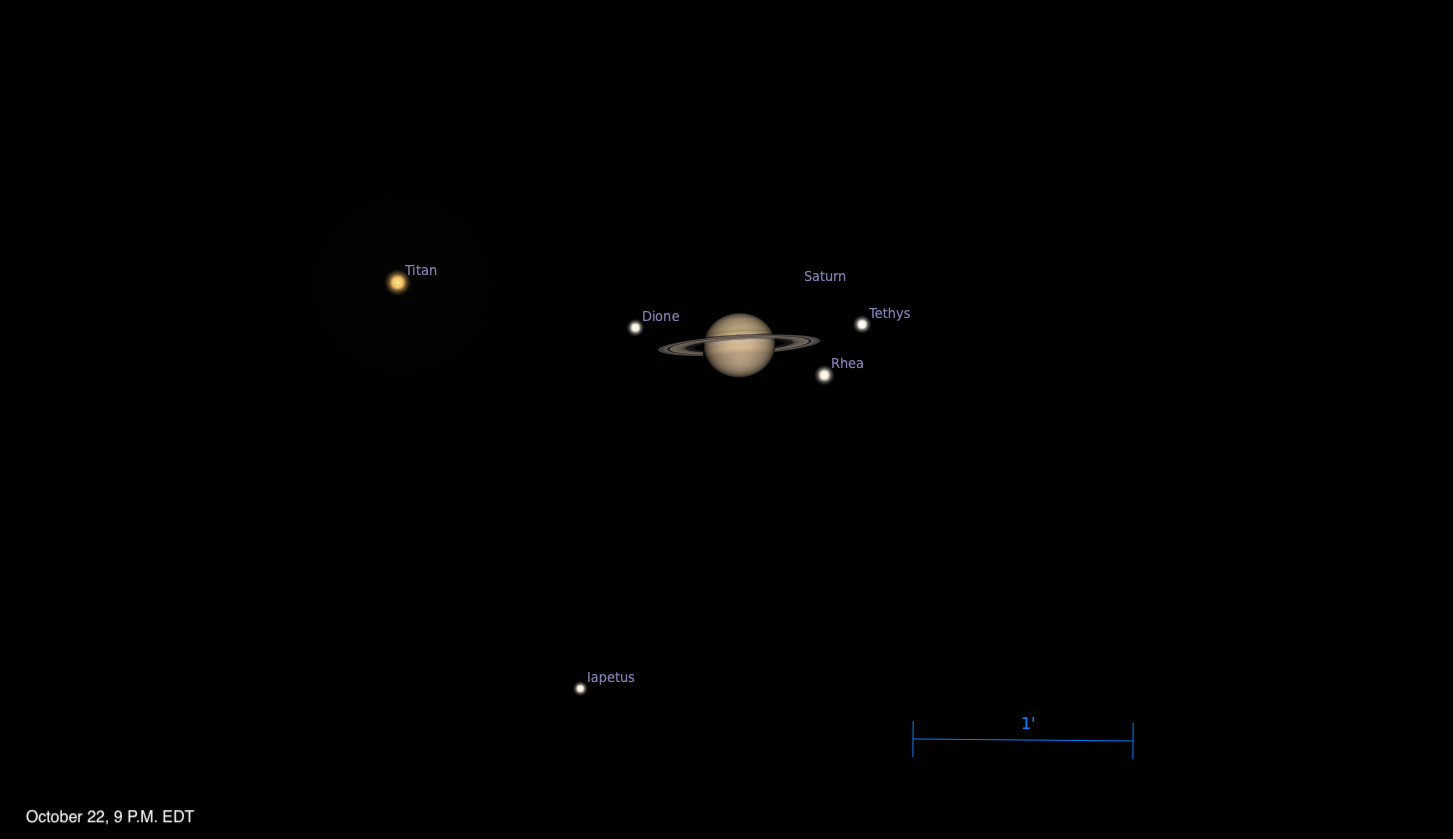 Telescopic simulation of Saturn and its moons, dated October 22, 2026, 9 P.M. EDT. Saturn is shown ringed at center, with Dione to its left and Tethys and Rhea to its right. Titan is labeled at upper left and Iapetus at lower center. A 1 arcminute scale bar sits at lower right.