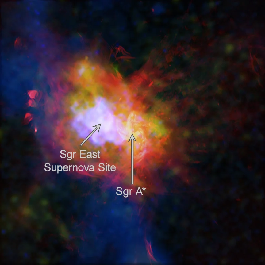 This composite image provides a view of Sagittarius A East (Sgr A East), a supernova remnant near the center of our Milky Way galaxy. Astronomers used a special technique to separate Chandra’s view of Sgr A East from other X-ray sources in this crowded region, allowing them to study its diffuse emission and map elements including iron, sulfur, argon, and calcium. Lower-energy Chandra X-rays are shown in green and higher-energy X-rays are shown in blue, combining to appear purple near the remnant’s center. Radio data from the NSF’s Very Large Array (red) and submillimeter data from the James Clerk Maxwell Telescope (dark blue) complete this multiwavelength view. Credit: X-ray: NASA/CXC/McGill Univ./M. Balakrishnan et al.; Radio: NSF/NRAO/VLA; Sub-mm: EAO/James Clerk Maxwell Telecope; Image Processing: NASA/CXC/SAO/P. Edmonds, N. Wolk