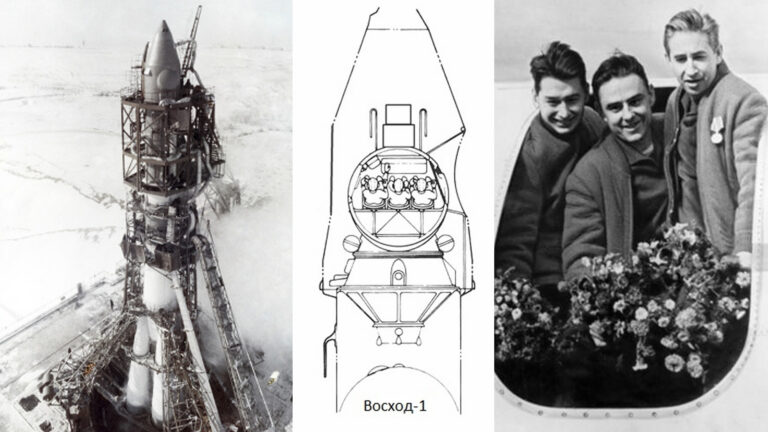 The Voskhod-1 crew included Vladimir Komarov (commander), Konstantin Feoktistov (engineer) and Boris Yegorov (doctor), shown at right.